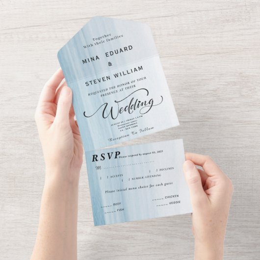 Moderne waterverf strandbruiloft all in one uitnodiging (Afscheurbaar)