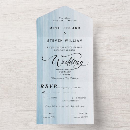 Moderne waterverf strandbruiloft all in one uitnodiging (Binnen)