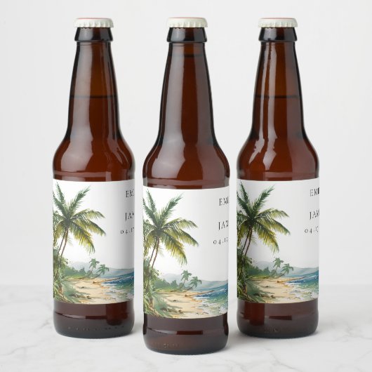 Moderne Waterverf Tropical Beach Bruiloft Bier Etiket (Flessen)