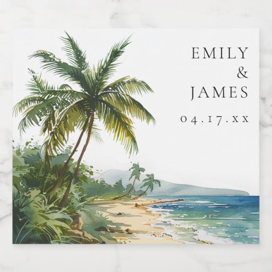 Moderne Waterverf Tropical Beach Bruiloft Sparkling Wijnetiket (Enkel label)