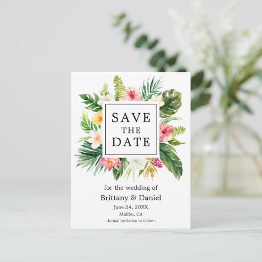 Moderne Waterverf Tropische Bloemen Bewaar de Datu Aankondigingskaart (Staand voorkant)