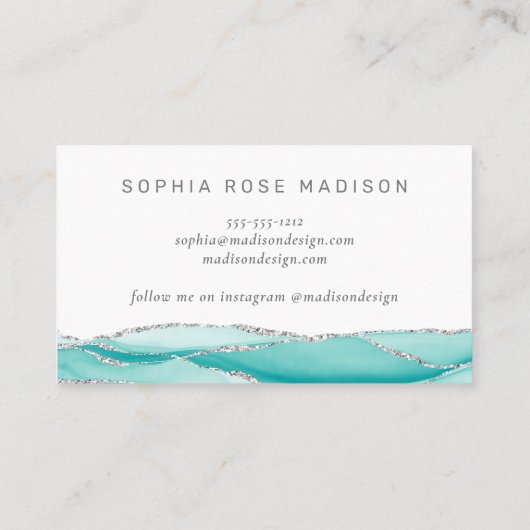 Moderne Waterverf van Blauwgroen en zilvergeode ge Visitekaartje (Achterkant)