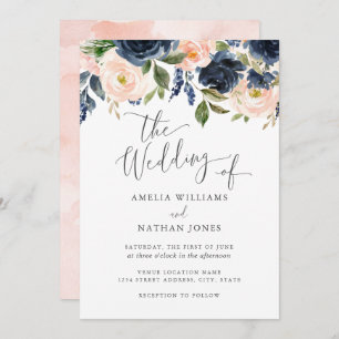 Moderne Waterverf van de Blush Navy Floral Wedding Kaart