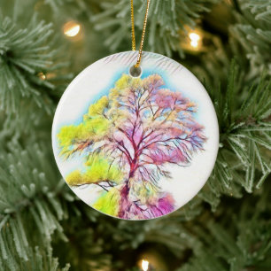 Moderne waterverf van gekleurde sneeuwbomen keramisch ornament