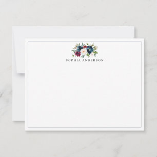 Moderne Waterverf van Navy Blue Burgundy Red Flora Notitiekaartje