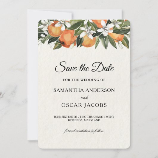 Moderne Waterverf van Sinaasappel en bloemen Save The Date (Voorkant)