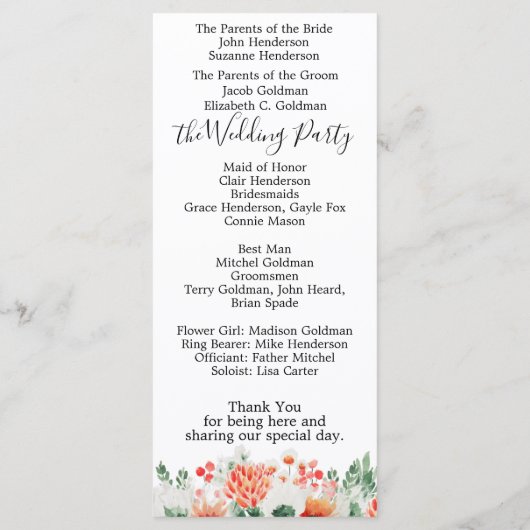 Moderne Waterverf Wildbloemen Weddenschap Programma (Achterkant)