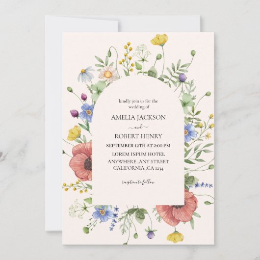 Moderne waterverf wilde bloem Boho bruiloft Kaart (Voorkant)