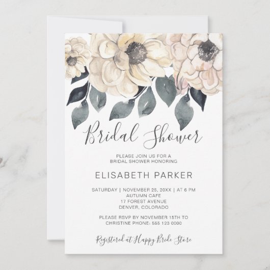 Moderne waterverf witte bloemen bruidsdouche kaart (Voorkant)