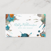 Moderne waterverf zilverturquoise splatter visitekaartje (Voorkant)