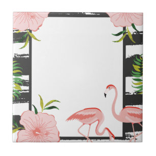 Moderne Waterverf Zwart Wit Streep Roze Flamingo Tegeltje