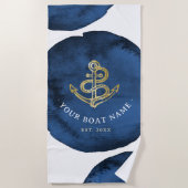 Moderne waterverfanker voeg bootnaam toe Navy Blue Strandlaken (Voorkant)
