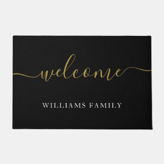Moderne welkome zwarte Gold Script Familienaam Deurmat