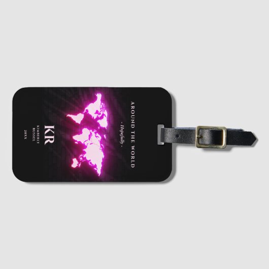 Moderne Wereldkaart Reizen Monogram Neon Roze Bagagelabel (Voorkant (horizontaal))