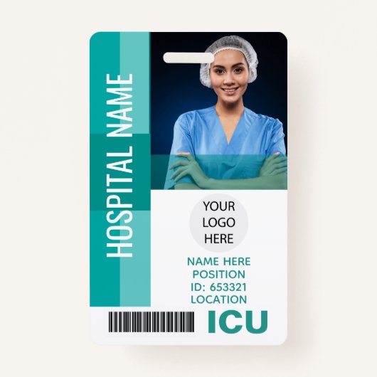 Moderne werknemer foto, streepjescode, Logo ICU ID Badge (Voorkant)