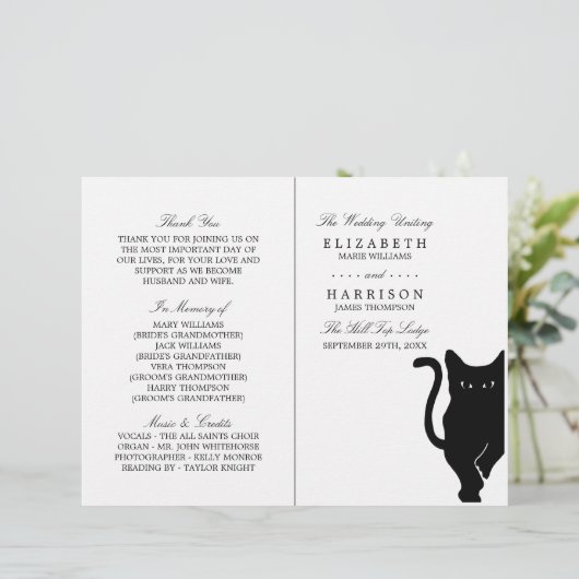 Moderne Whimsical Black Cat Wedding Programs (Staand voorkant)
