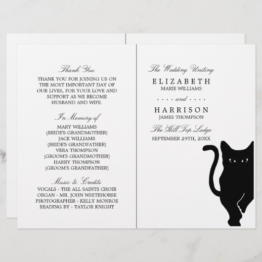 Moderne Whimsical Black Cat Wedding Programs (Voorkant / Achterkant)