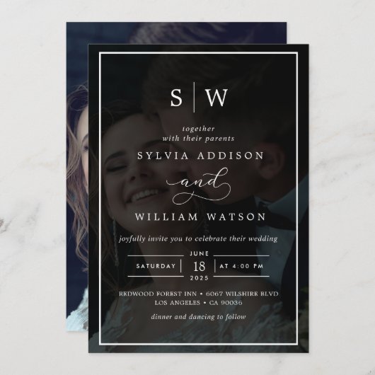 Moderne Whimsical Calligraphy Overlay Photo Weddin Kaart (Voorkant / Achterkant)