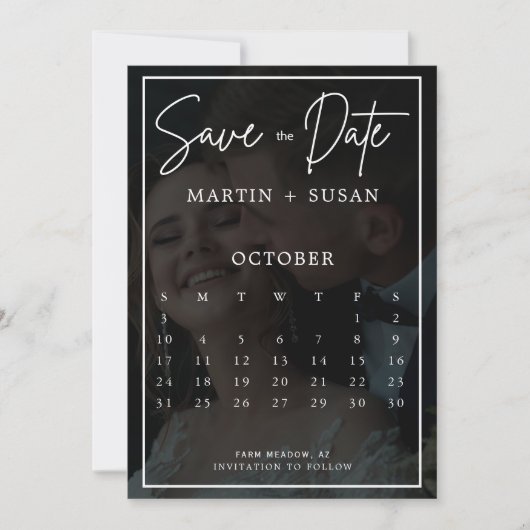 Moderne Whimsical Calligraphy Overlay Photo Weddin Save The Date (Voorkant)