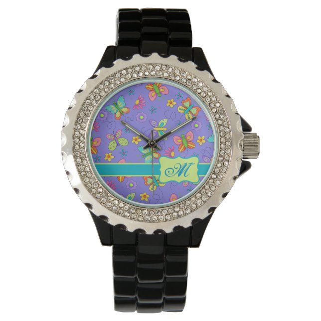 Moderne Whimsy Butterflies op Paars Monogram Horloge (Voorkant)