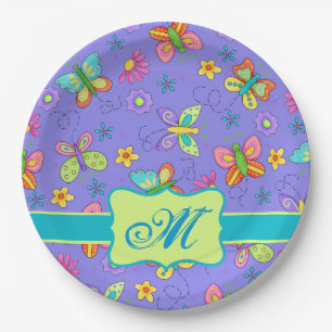 Moderne Whimsy Butterflies Paars Lavender Monogram Papieren Bordje
