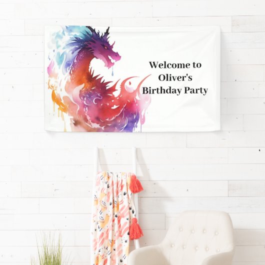 Moderne Whimsy Dragon Verjaardagsbanner Spandoek (Insitu)