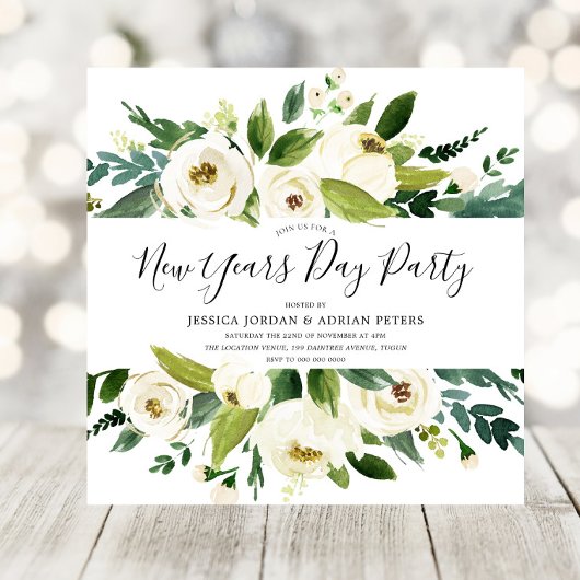 Moderne White Florals Green New Years Day Kaart