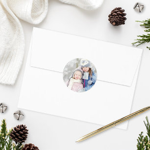 Moderne White Snowflake Border Holiday Foto Ronde Sticker