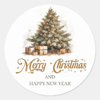 Moderne wijze groene en koperen kerstboom ronde sticker