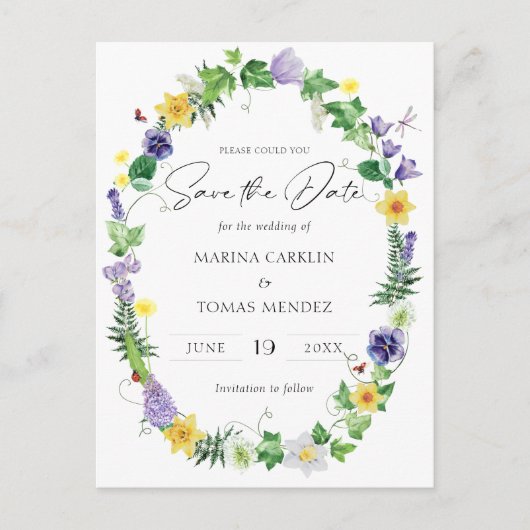 Moderne Wildbloemen Bewaar de datum Aankondigingskaart (Voorkant)
