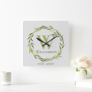 Moderne wilde bladeren, monogrammen vierkante klok