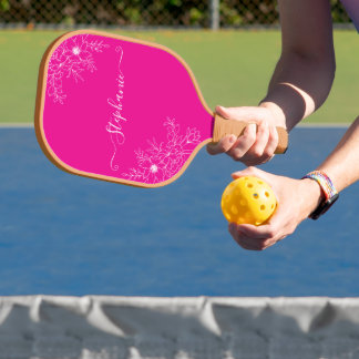 Moderne Wilde Bloem Roze Script Naam Elegante Bloe Pickleball Paddle