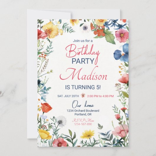 Moderne wilde bloem verjaardagsuitnodiging Boho bl Kaart (Voorkant)
