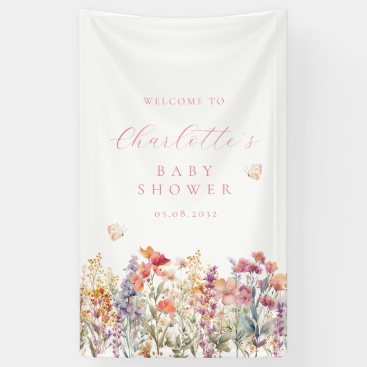 Moderne, wilde bloemen babyshower welkom  spandoek (Verticaal)