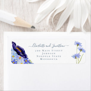 Moderne Wilde Bloemen Blauwe Trouwdag Etiket