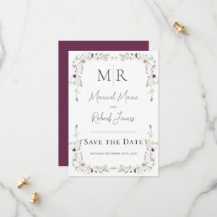 Moderne Wilde Bloemen Monogram Bourgondi Trouwdag Save The Date