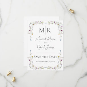 Moderne Wilde Bloemen Monogram Witte Bruiloft Save The Date