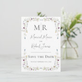 Moderne Wilde Bloemen Monogram Witte Trouwdag Save The Date (Staand voorkant)