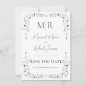 Moderne Wilde Bloemen Monogram Witte Trouwdag Save The Date (Voorkant)