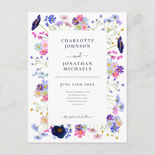 Moderne Wilde Bloemen Navy Blauwe Trouwdag Uitnodiging Briefkaart (Voorkant)