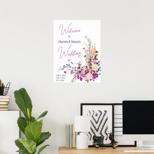 Moderne wilde bloemen script bruiloft welkom poster (Thuiskantoor)