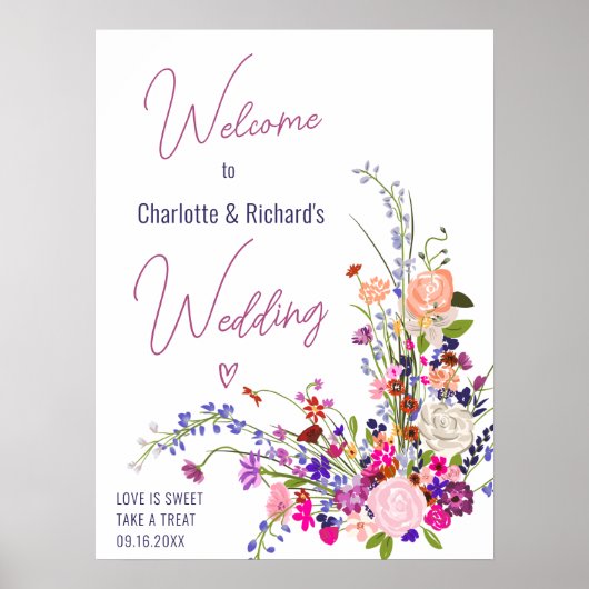Moderne wilde bloemen script bruiloft welkom poster (Voorkant)