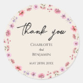 Moderne Wildflower Beige bruiloft Dank u Ronde Sticker (Voorkant)
