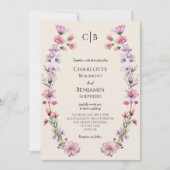 Moderne Wildflower Beige Monogram Bruiloft Kaart (Voorkant)