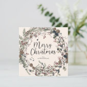 Moderne Wildflower Bladblad Krans Script Kerstmis Feestdagenkaart (Staand voorkant)