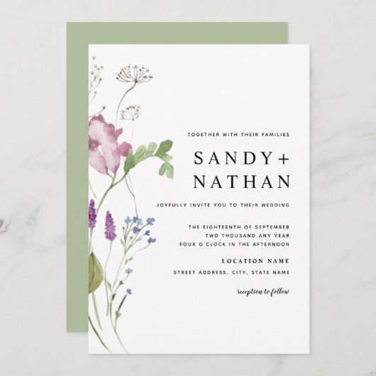Moderne Wildflower bruiloft uitnodiging (Voorkant / Achterkant)