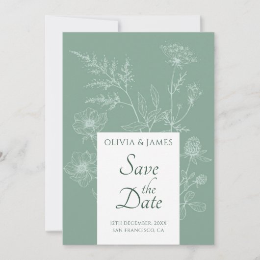 Moderne Wildflower Minimal Sage Green Wedding Save The Date (Voorkant)