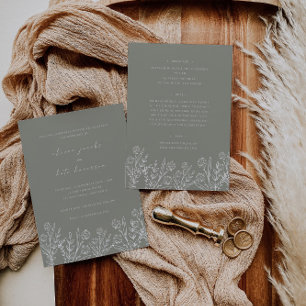 Moderne Wildflower Sage Green Front & Back Wedding Kaart