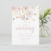 Moderne Wildflower Waterverf Blush & Wit Bruiloft Kaart (Staand voorkant)