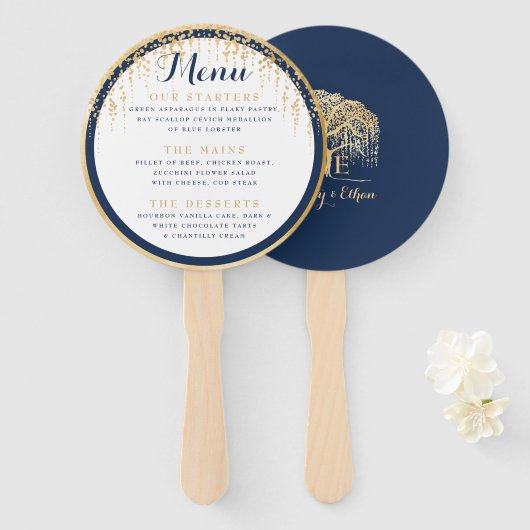Moderne Wilgenboom Marine Blauw Goud Bruiloft Menu Handwaaier (Voorkant en achterkant)